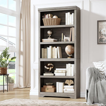 Garvee 5 Tier Bookshelf, 69" Tall Farmhouse Bookcase with Adjustable Shelves, 31.5" W Floor Standing Open Display Storage Rack with Anti-Slip Design for Home Office, Balcony, Library, Study / Living Room, Gray