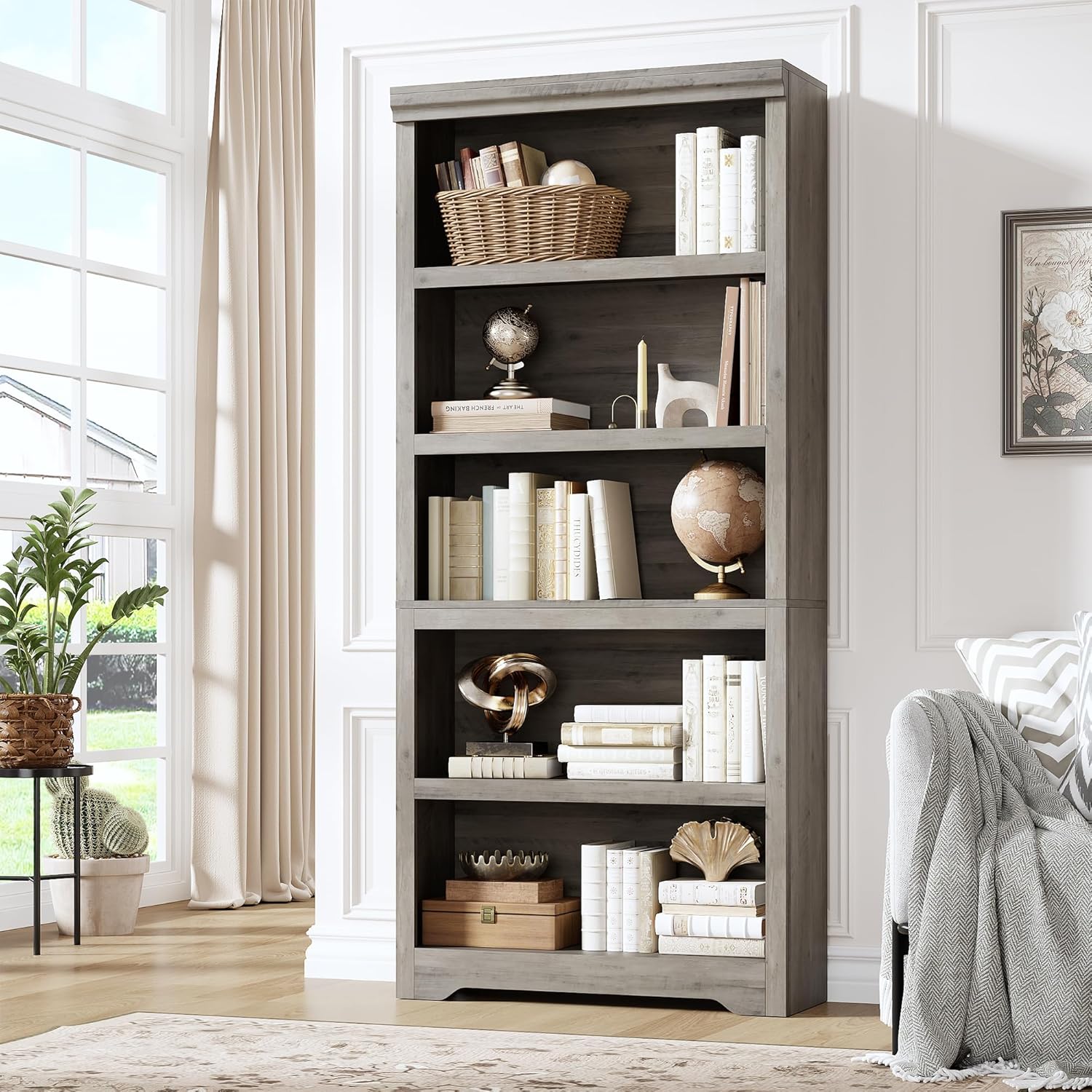 Garvee 5 Tier Bookshelf, 69" Tall Farmhouse Bookcase with Adjustable Shelves, 31.5" W Floor Standing Open Display Storage Rack with Anti-Slip Design for Home Office, Balcony, Library, Study / Living Room, Gray
