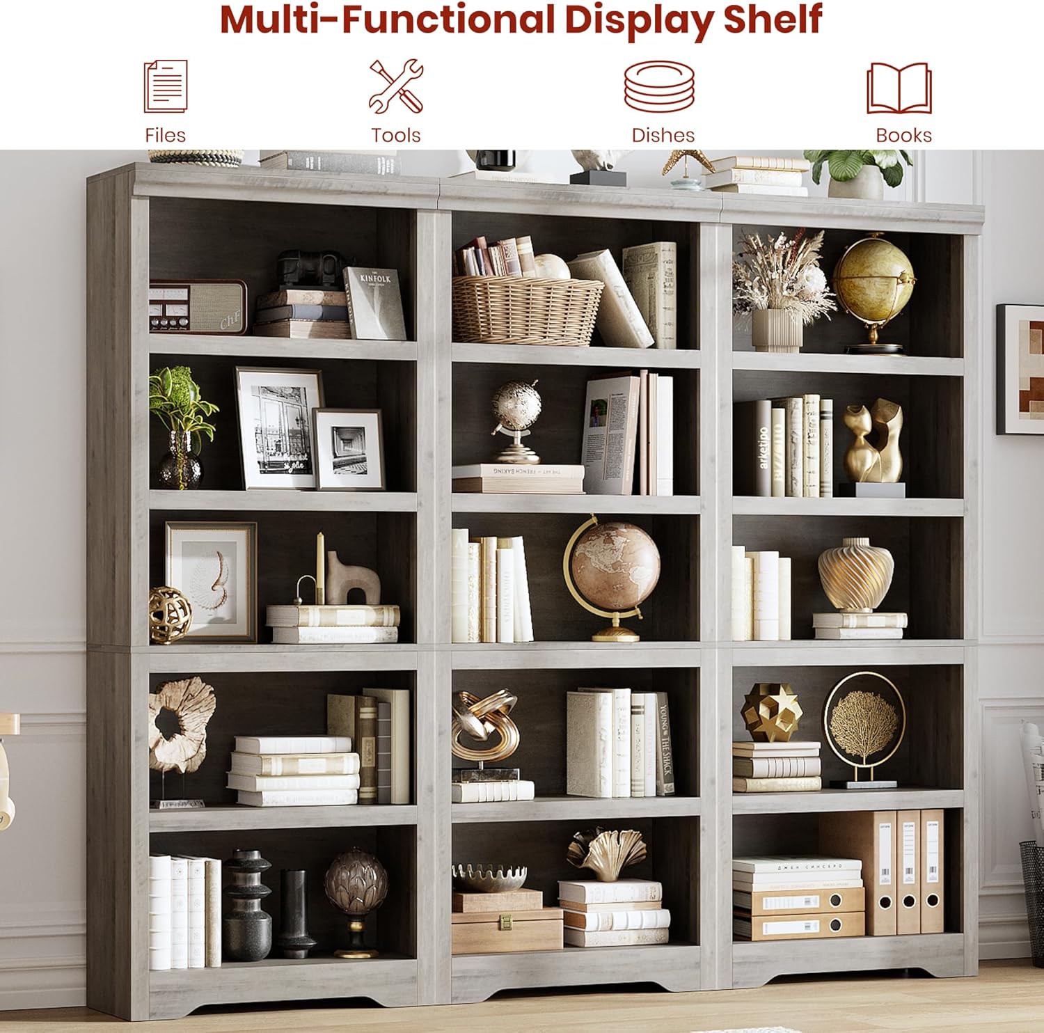 Garvee 5 Tier Bookshelf, 69" Tall Farmhouse Bookcase with Adjustable Shelves, 23.6" W Floor Standing Open Display Storage Rack with Anti-Slip Design for Home Office, Balcony, Library, Study / Living Room, Gray