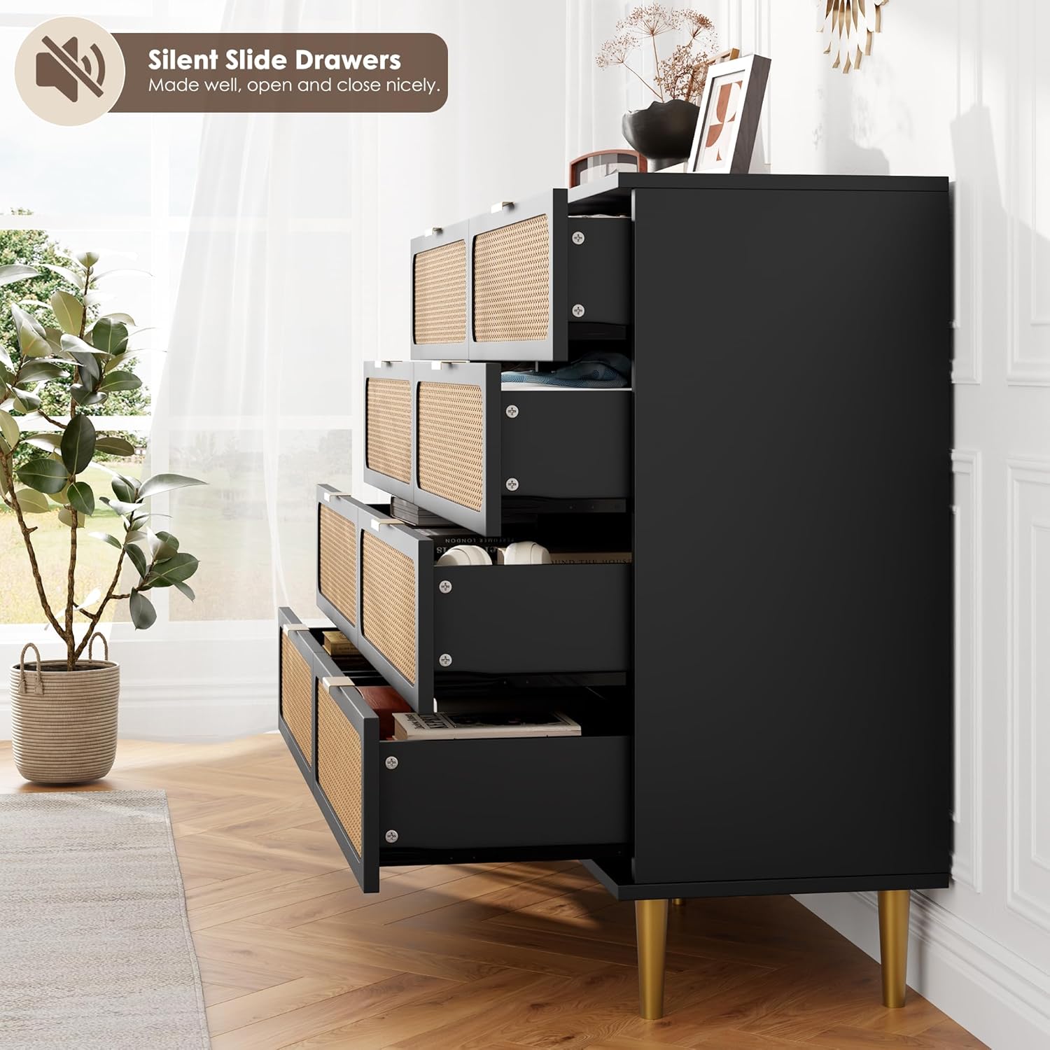 Garvee Rattan 8 Drawer Dressers for Bedroom, Tall Dresser with Deep Drawers, Large Chest of Drawers for Closet with Wide Top, Long Wooden Dresser for Living Room, Hallway, Kids Room, Black