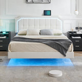 Garvee Floating Full Bed Frame with RGB LED Lights, Metal Platform, Upholstered Adjustable Headboard, No Box Spring Needed, Easy Assembly, White - White (PU leather)