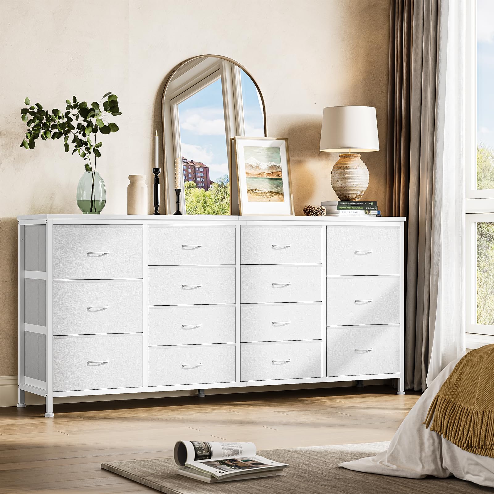 white dresser tv stand Garvee 63" W White Dresser TV Stand for 65 70 75 Inch TV, 14 Drawer for Bedroom with Power Outlets, Large Long Fabric Dresser Entertainment Center