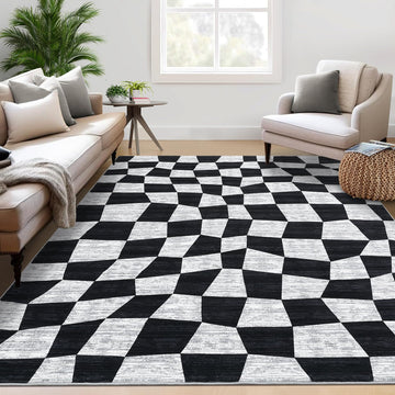 8x10 area rug with washable non-slip design for living room decor in black and white 3D geometric pattern