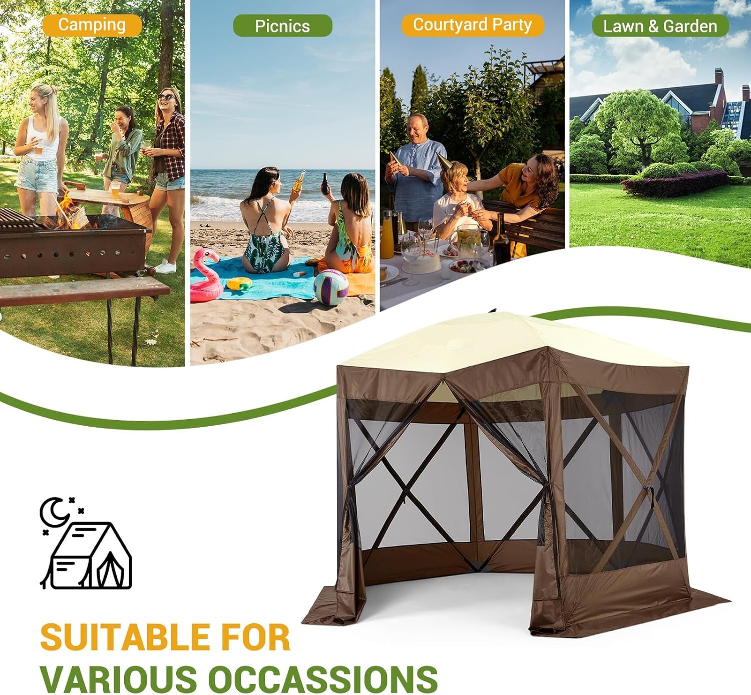 Garvee 10x10ft Portable Pop-Up Camping Gazebo - 6-Sided Canopy Screen Tent with Mesh Windows & Carry Bag for Outdoor, Picnic, Backyard Party, Brown