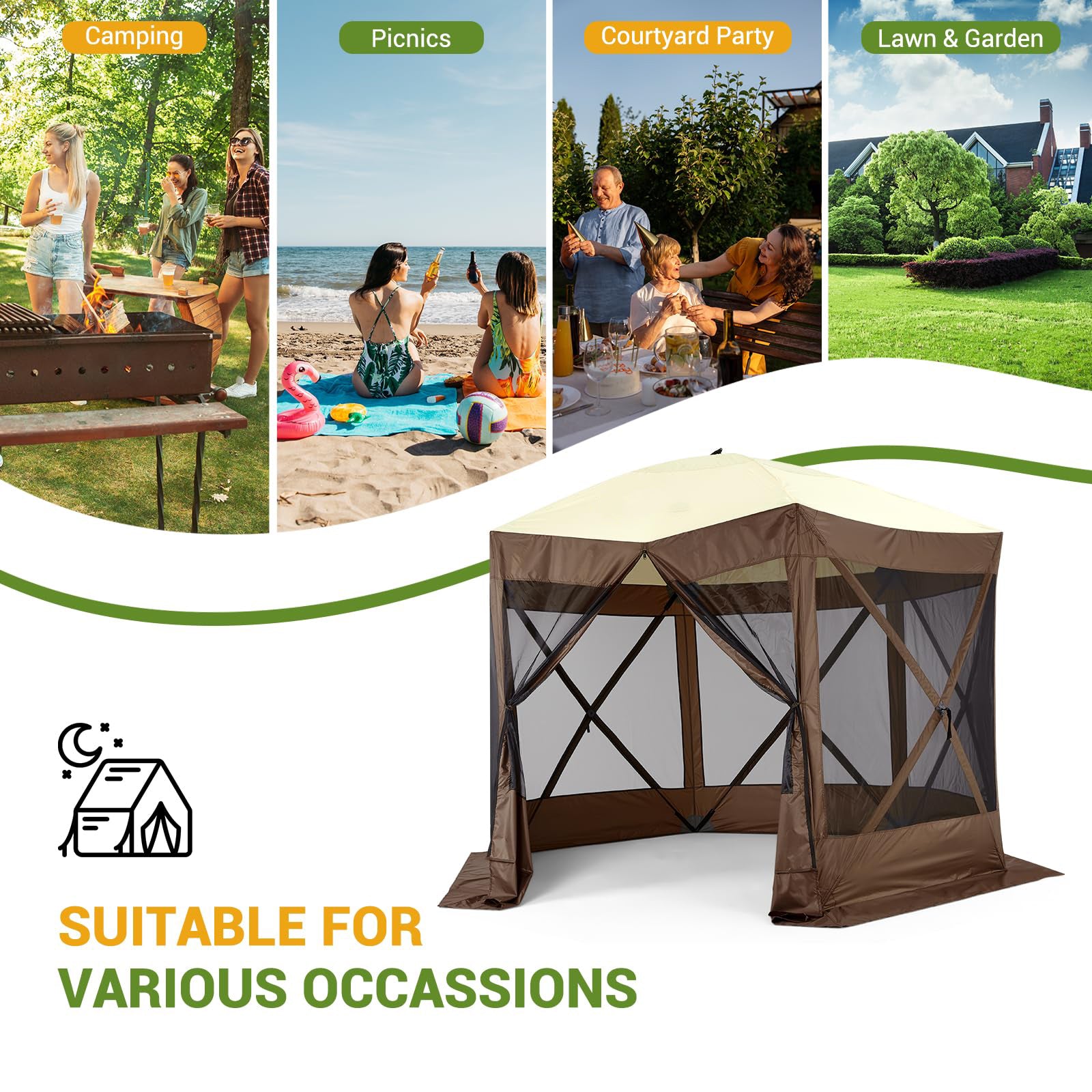 Garvee 12x12ft Camping Gazebo, Portable Pop Up Canopy Outdoor Screen Tent 6 Sided with Mesh Windows and Carry Bag for Camping, Picnic, Backyard Party Outside Activities, Brown