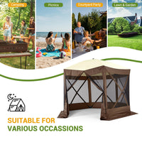 Garvee 12x12ft Camping Gazebo, Portable Pop Up Canopy Outdoor Screen Tent 6 Sided with Mesh Windows and Carry Bag for Camping, Picnic, Backyard Party Outside Activities, Brown