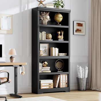 Garvee 5 Tier Bookshelf, 69" Tall Farmhouse Bookcase with Adjustable Shelves, 31.5" W Floor Standing Open Display Storage Rack with Anti-Slip Design for Home Office, Balcony, Library, Study / Living Room, Black