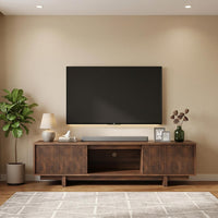 Garvee Walnut Mid-Century Modern TV Stand for 55/63 Inch TVs – Fluted Wave-design Sliding Door, Media Console with Storage Cabinet, Entertainment Furniture – Color: Walnut