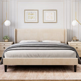Garvee Full Upholstered Bed Frame with Wingback Headboard, Velvet Upholstery Platform Bed, Wooden Slat Support, and Easy Assembly - Box Spring Optional, Beige - Beige