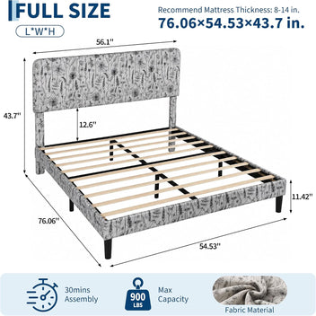 Garvee Botanical Print Upholstered Platform Full Size Bed Frame with Adjustable Headboard - Wood Slat Support, Noise-Free, No Box Spring Needed, Easy Assembly