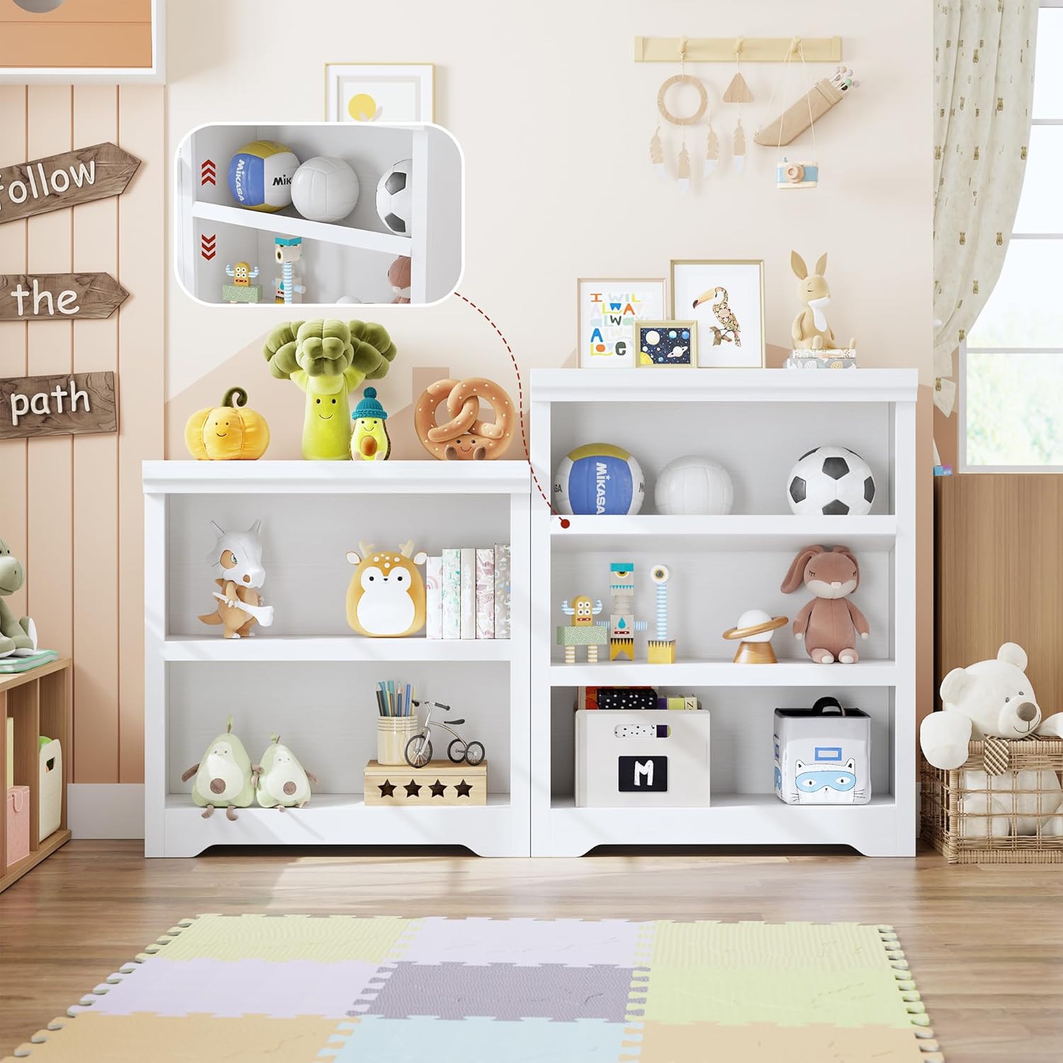 Garvee 2 Tier Bookshelf, 31.5" Tall Farmhouse Bookcase with Adjustable Shelves, 31.5" W Floor Standing Open Display Storage Rack with Anti-Slip Design for Home Office, Balcony, Library, Study / Living Room, White