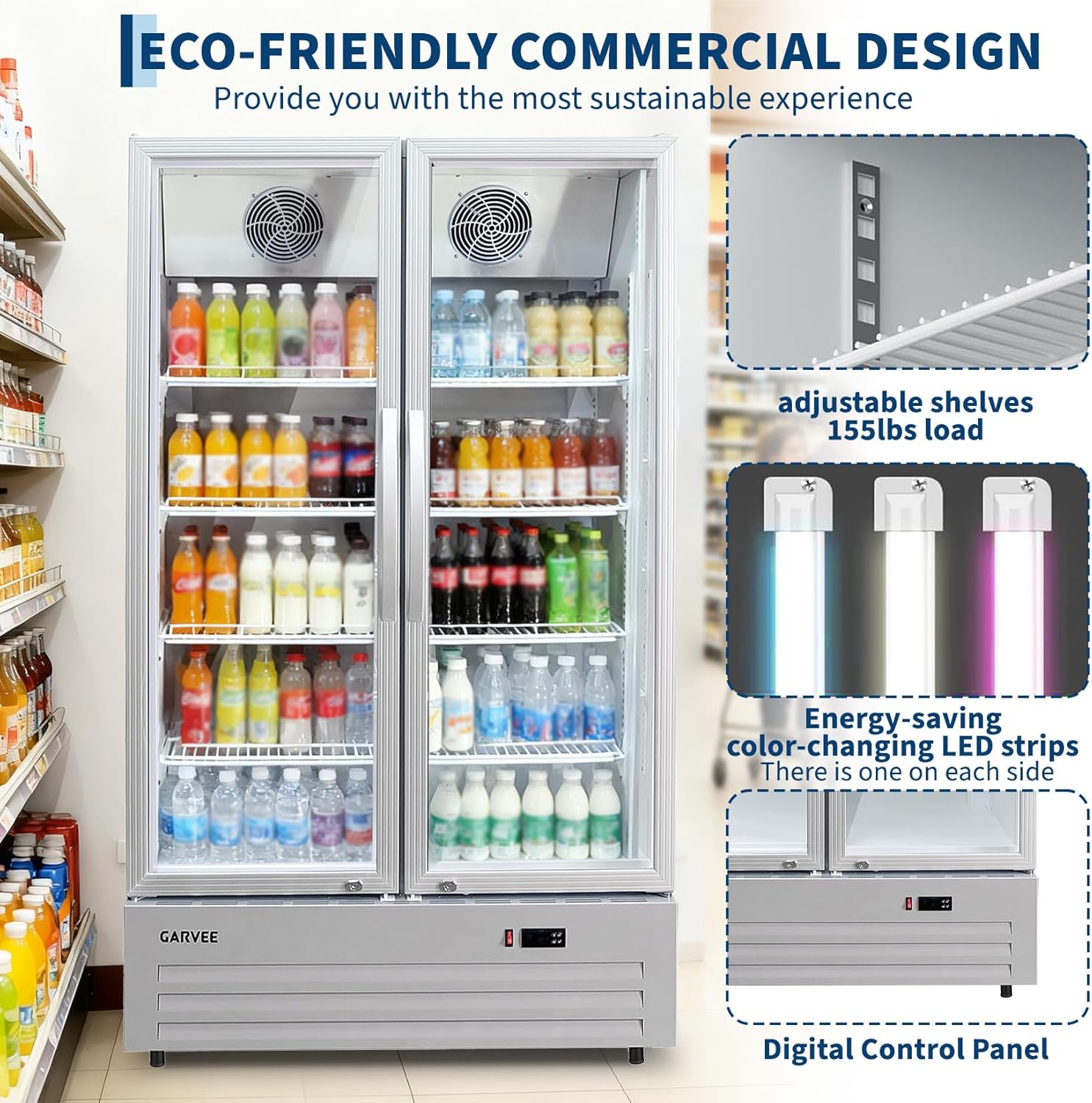 GARVEE 32.5 Cu.ft Double Door Commercial Beverage Cooler - 580-Can Glass Display Fridge | Frost-Free Air-Cooled, Automatic Door Rebound | for Bar/Restaurant/Supermarket (Silver)