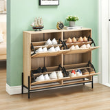 Garvee Natural Rattan Shoe Cabinet, 4 Flip Doors, Sturdy MDF, Hand-Woven Rattan, Adjustable Shelves, Metal Legs, Entryway-Oak - Oak
