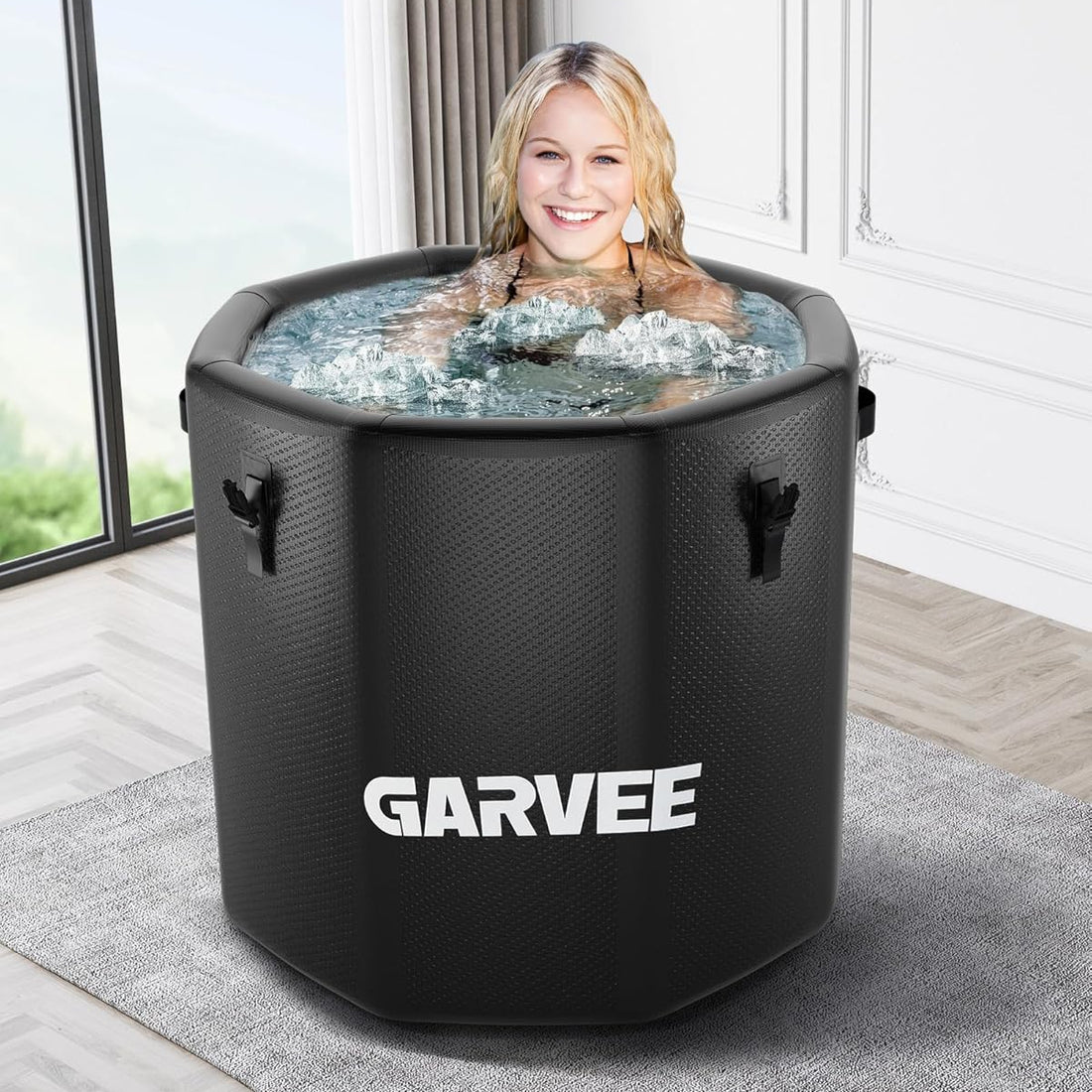 Garvee 186-Gallon Inflatable Ice Bath Tub, Cold Plunge Tub for Athletes with Insulated Lid Military-Grade PVC, Portable Cold Water Therapy Ice Pod for Home Gym Recovery, Black
