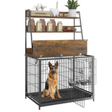Garvee Wooden Dog Crate Furniture with Storage Shelves, Removable Tray, Double Doors, Adjustable Bowls and Flip-up Top, Brown - Brown