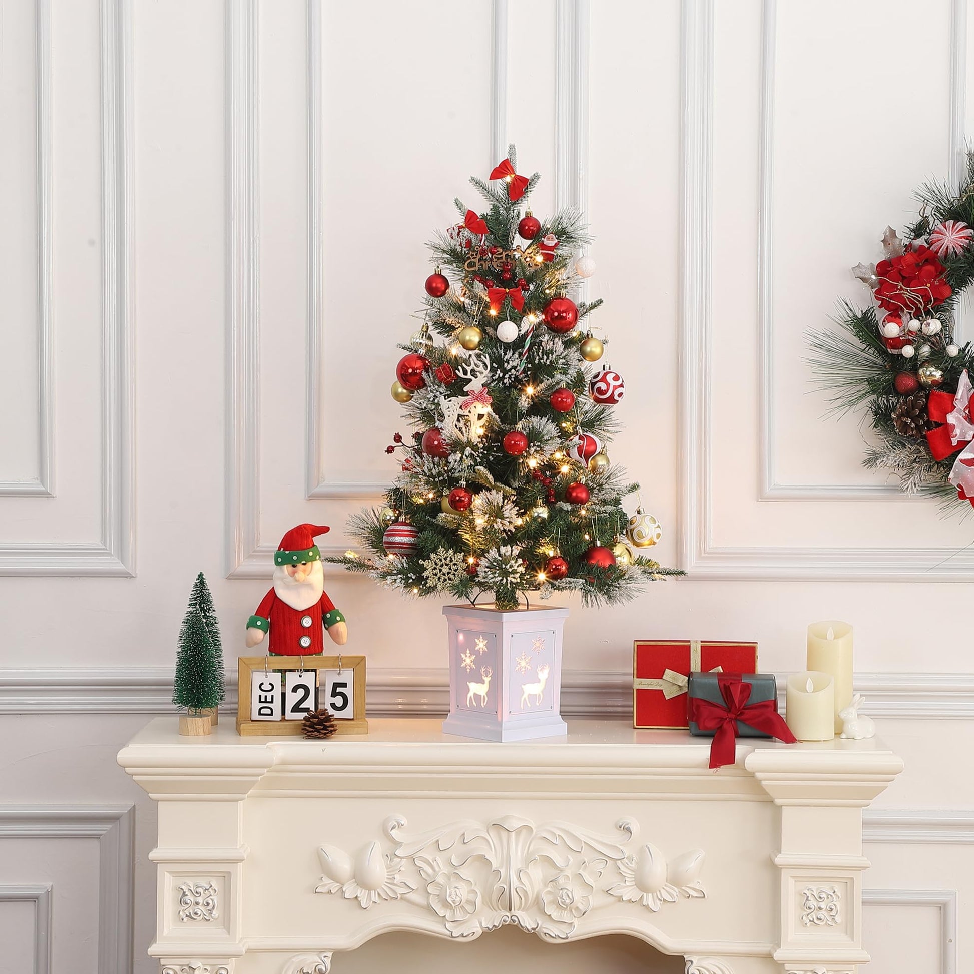 Garvee 4.5ft Christmas Tree, Pre-lit Christmas Tree with Lighting Elk Base and Red Berries, Artificial Christmas Tree with 108 LED Lights, Snow Flocked Branches Xmas Tree for Porch, Entryway