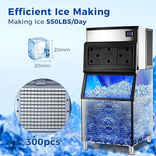 Garvee 550Lbs/24H Ice Maker ETL Approval 370 Lbs Storage Bin, Stainless Steel Clear Ice Cube Maker, 15x20 Ice Cube