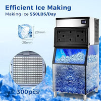 Garvee 550Lbs/24H Ice Maker ETL Approval 370 Lbs Storage Bin, Stainless Steel Clear Ice Cube Maker, 15x20 Ice Cube