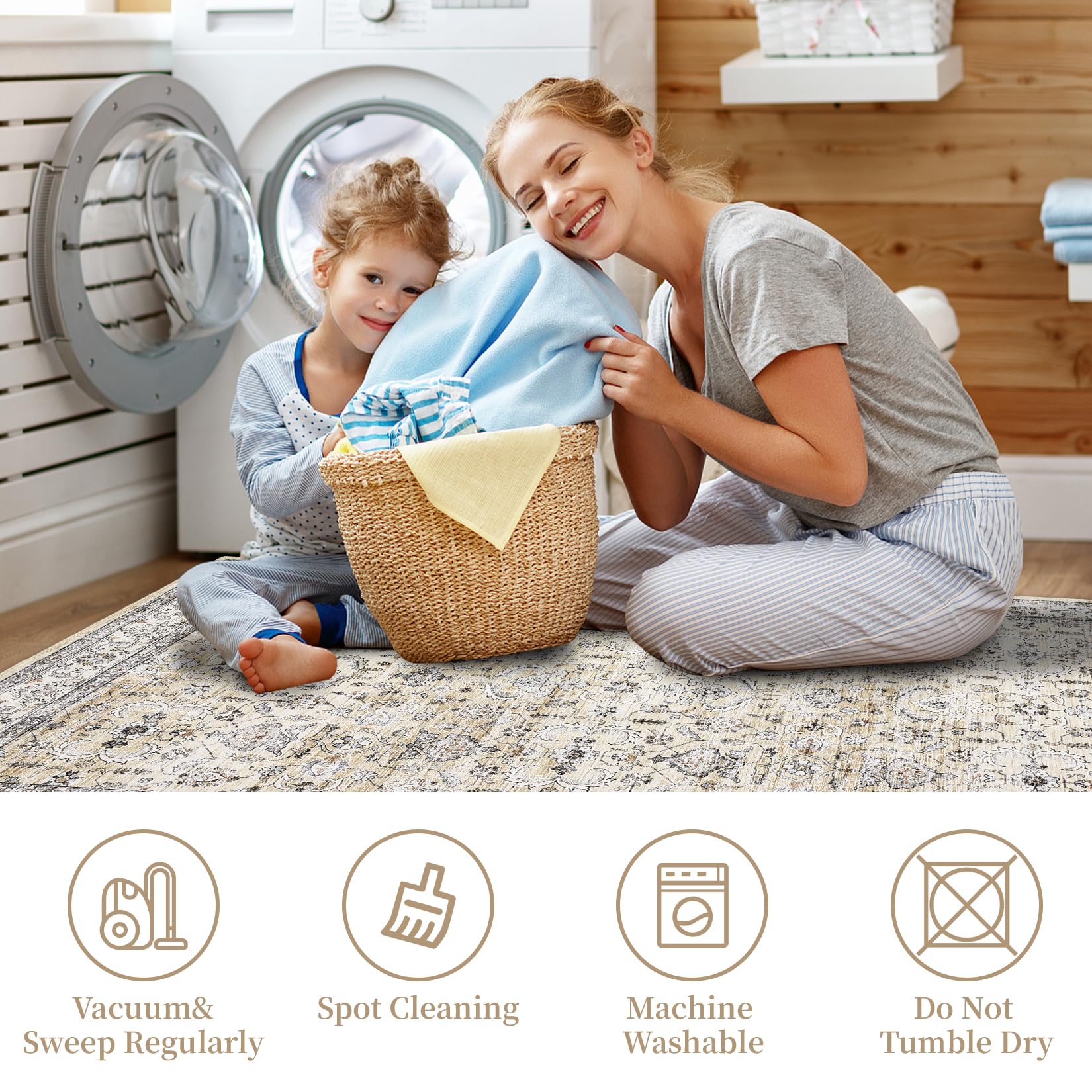 Garvee Camel Large Area Rug 10x13 Vintage Washable Area Rugs for Living Room Oriental Distressed Accent Rug Non-Slip Backing Soft Carpet Low Pile Non-Shedding Foldable Rug for Bedroom Office