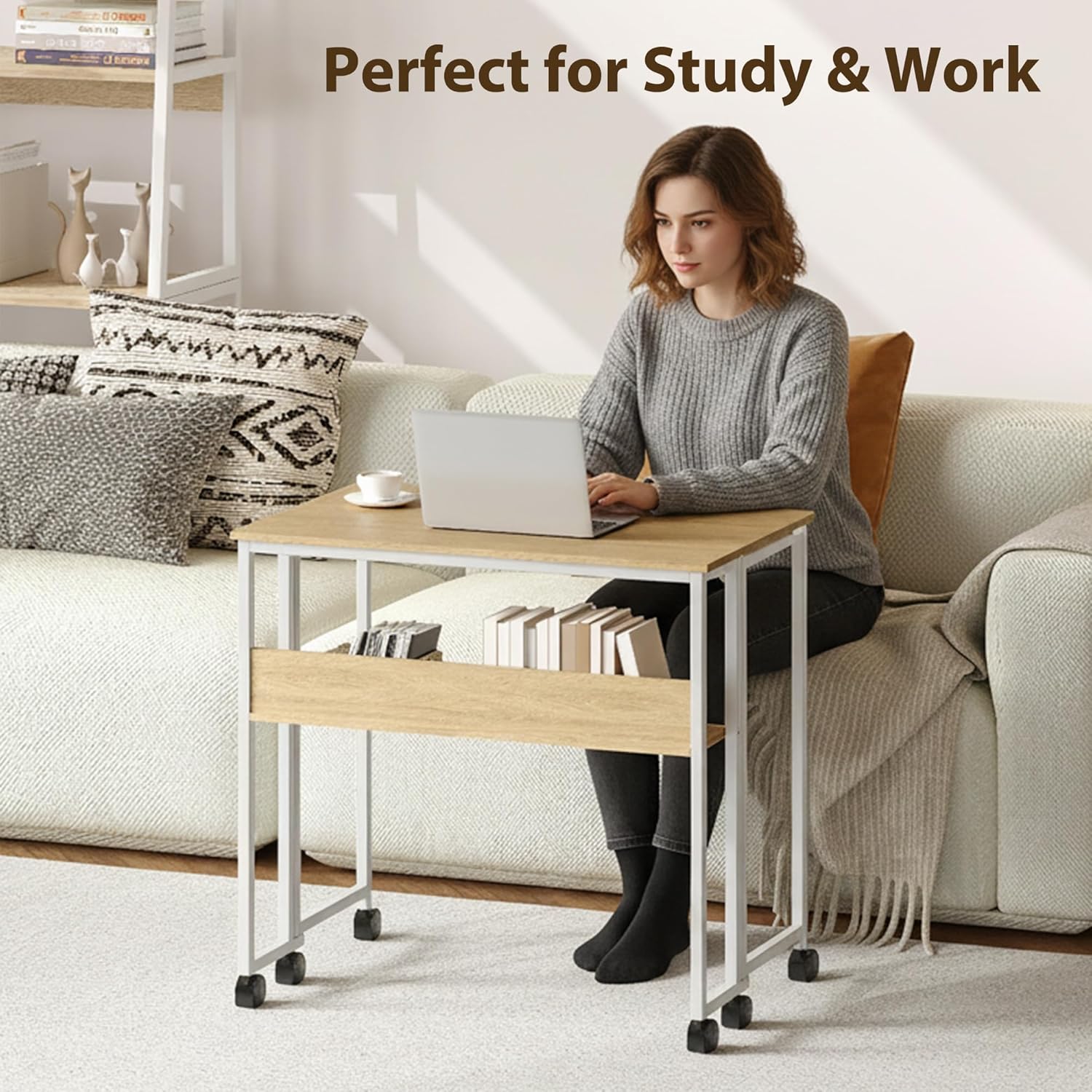 Garvee Folding Desk Small Rolling Desk with Storage Shelf, 24.8 Inch Foldable Computer Table with Wheels, Portable Office Desk for Small Space End Table,Writing Work Office Computer Desk, Oak