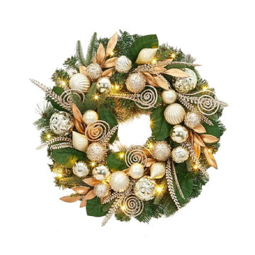 Garvee Prelit Christmas Wreath, 24" Artificial Christmas Wreaths Xmas Pine Wreath Garland, Wall Hanging Wreath with Gold Leaves Balls Pine Cones for Front Door Christmas Decorations