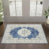 Garvee Vintage Area Rugs, Boho Traditional Washable Rug Floral Print Carpet, Low Pile Non-Slip Rubber Backing Foldable Mat for Bedroom Dining Room Office Living Room, Blue, 2x3 - Blue