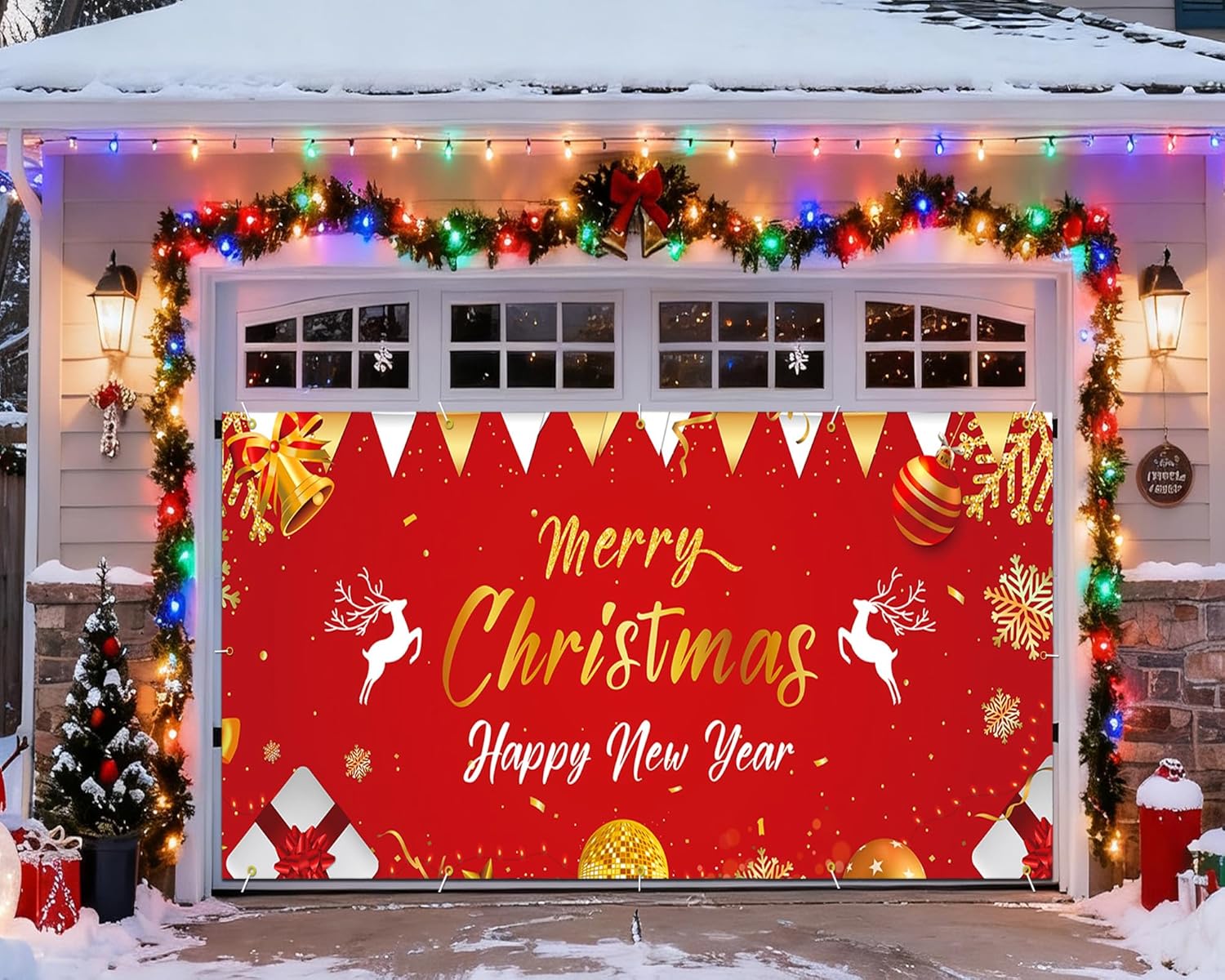 Christmas Garage Buddy Door Cover 7x16 ft, New Year & Xmas Holiday Garage Door Banner with 4x19.7 ft Ropes, Christmas Decoration Backdrop for Wall Party Celebration, Red