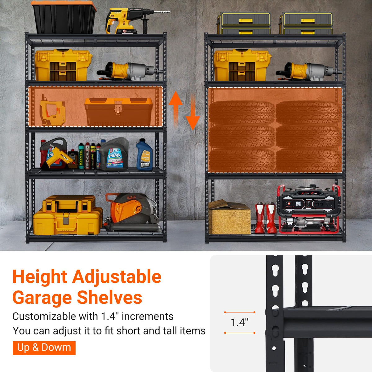 GARVEE adjustable height garage shelves with 1.4 inch increments for short and tall items