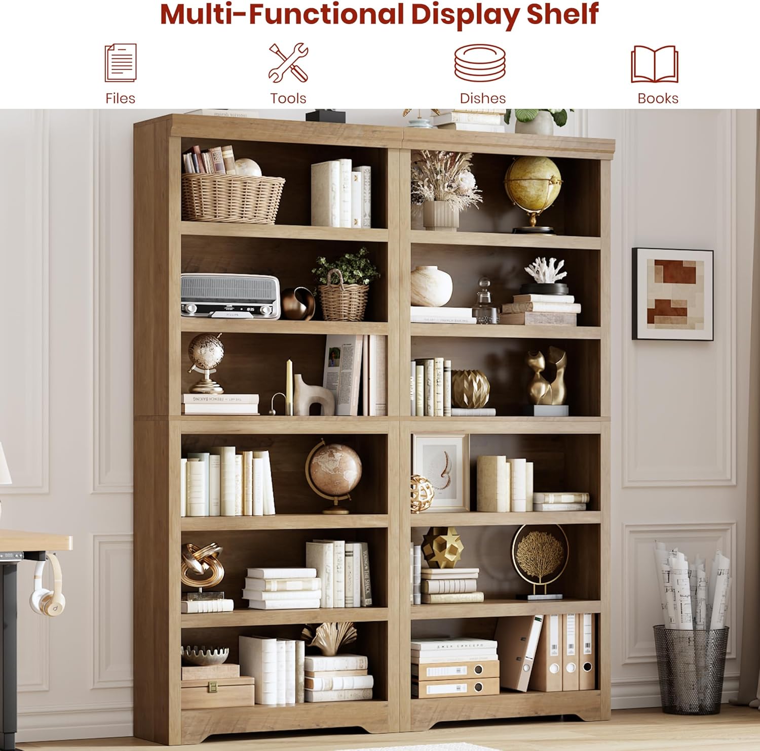 Garvee 6 Tier Bookshelf, 75" Tall Farmhouse Bookcase with Adjustable Shelves, 31.5" W Floor Standing Open Display Storage Rack with Anti-Slip Design for Home Office, Balcony, Library, Study / Living Room, Brown