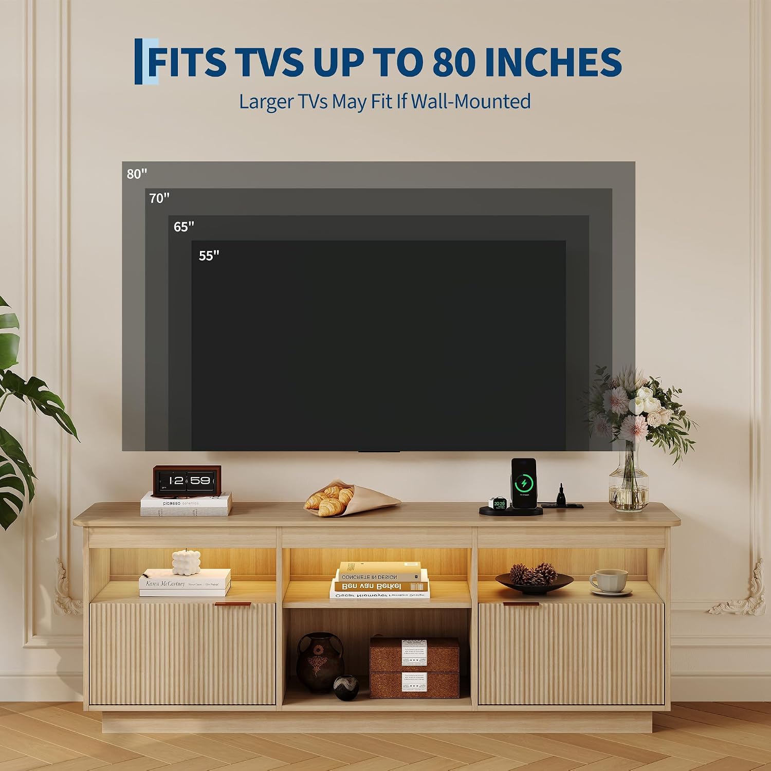 Garvee 70 Inch Fluted TV Stand for TVs Up to 80", Mid Century Modern Entertainment Center with Power Outlet & LED Light, Wood Media Console with Storage Cabinets, Oak