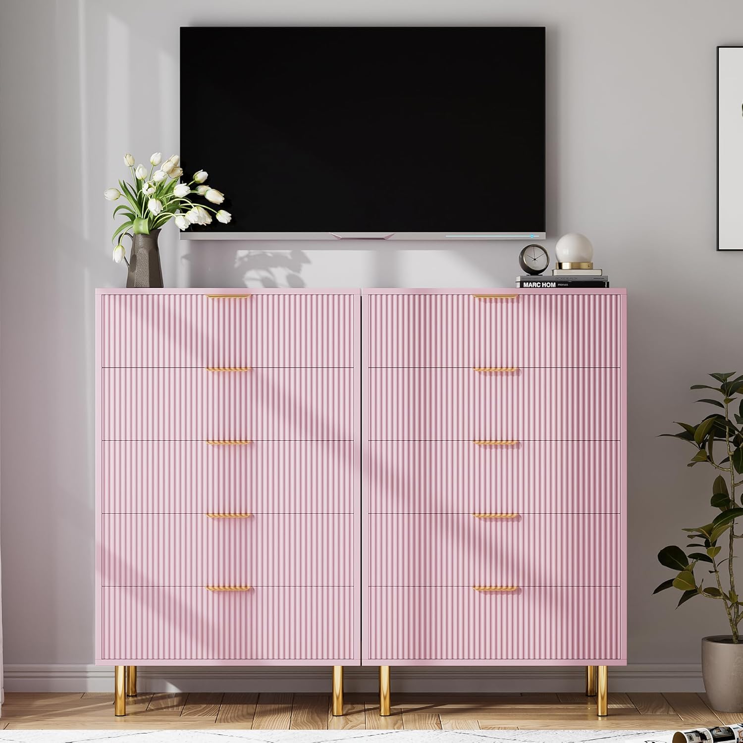 Garvee 5 Drawer Wooden Dresser Pink with Gold Handles, Large Storage, Durable MDF, Modern Design, Metal Legs, Bedroom & Living Room