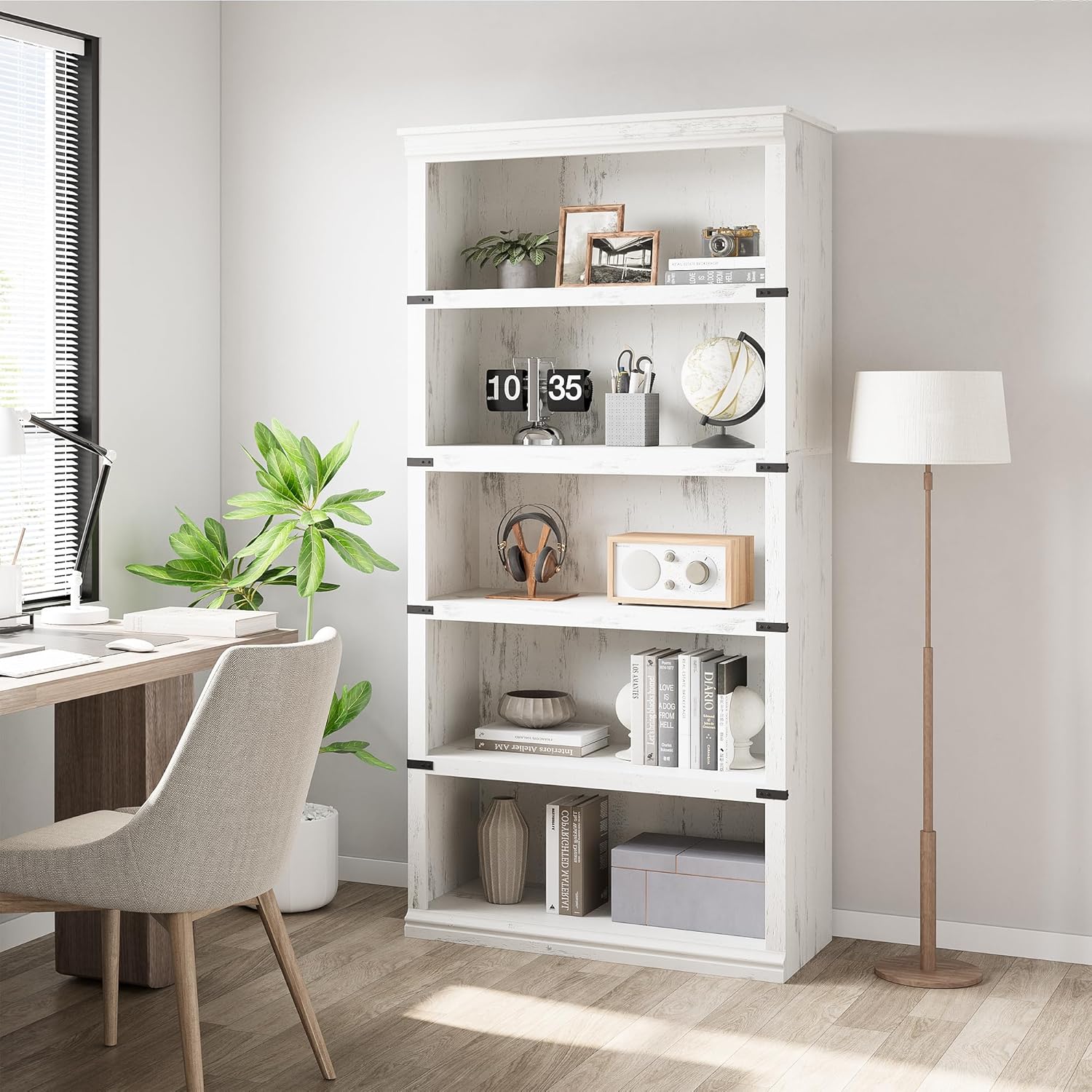 Garvee 5 Tier Bookcase, Farmhouse Book Shelf with Storage, Tall Book Case Wooden 5 Shelf Bookcase for Home Office, Living Room, Bed Room (White, 67.4" H x 31.5" W x 12.8" D)