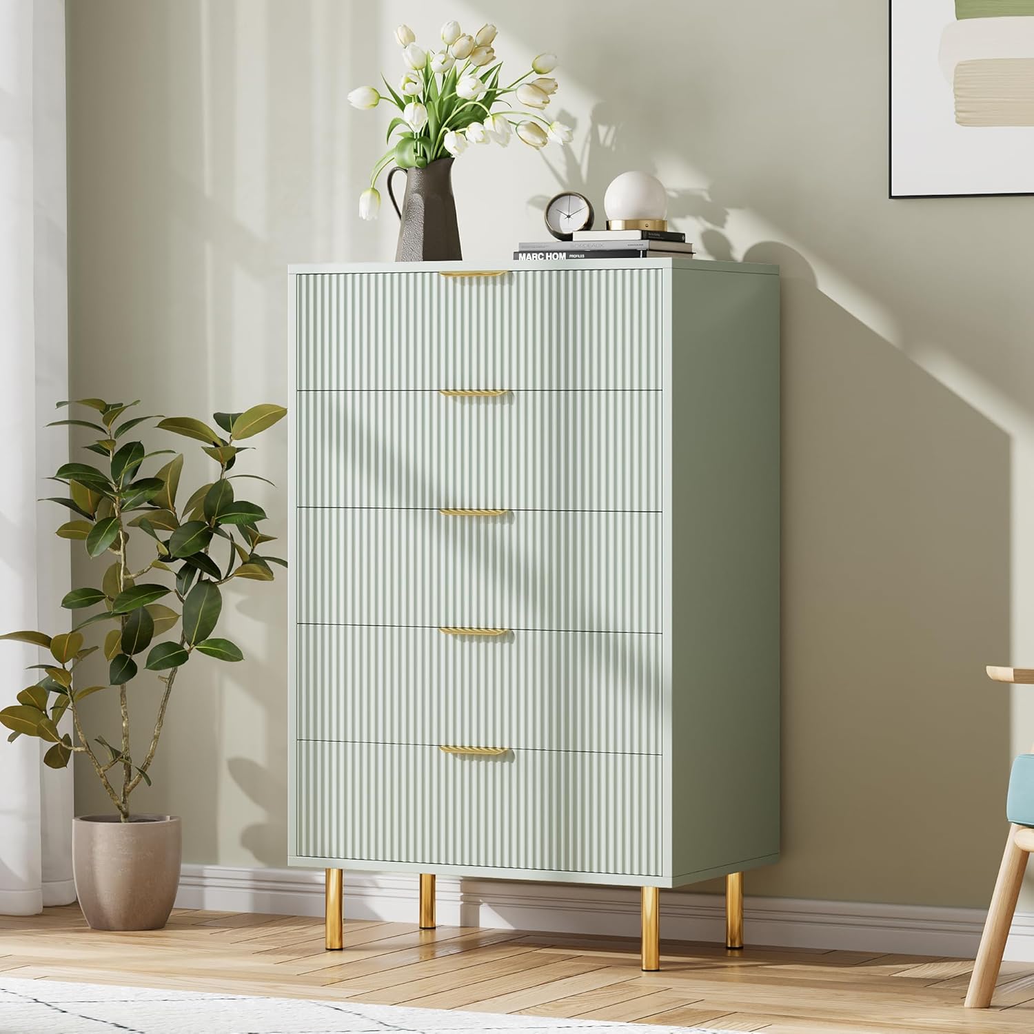 Garvee 5 Drawers Dresser for Bedroom, Fluted Dresser Chest of Drawers with Handle, Wood Modern Dressers for Closet, Bedroom Furniture Storage Organizer for Living Room, Hallway, Green