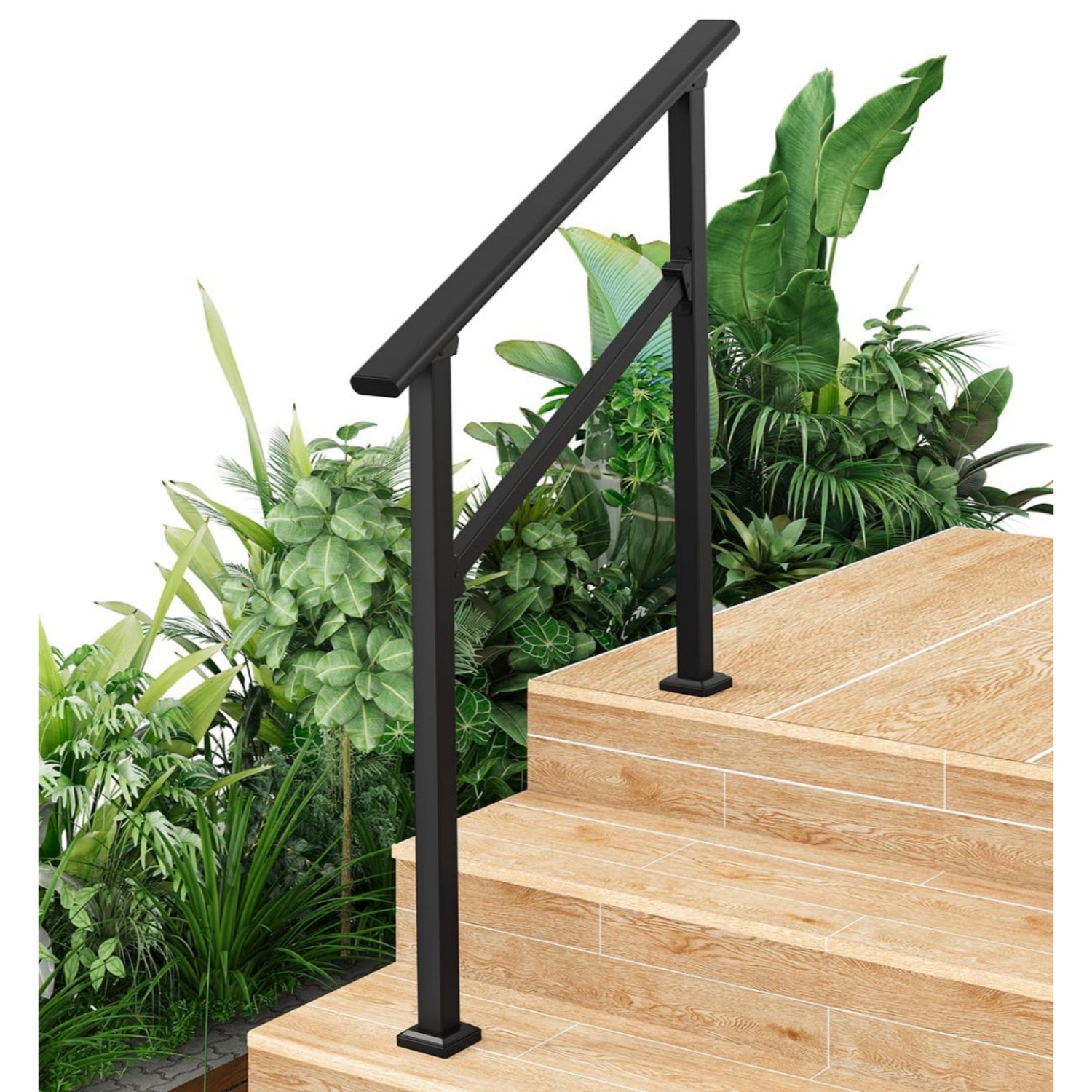 Garvee 3-Step Metal Handrail – Outdoor Stair Railing for Steps with Black Finish