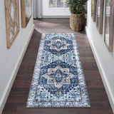 Garvee Runner Rug 2x6 Feet Washable Vintage Medallion Hallway Runner, Non-Slip Stain Resistant Area Rug Traditional Distressed Kitchen Mat Entryway Carpet Runner for Doorway Bedside, Blue - Blue