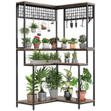 Garvee Indoor Corner Plant Stand Tall 67", Large Metal Plant Shelf with Hanging Hooks, Multi-Purpose Display Rack, Flower Bonsai Pots Organizer for Garden, Balcony, Living Room, Brown