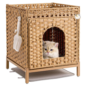 Garvee Cat Litter Box Enclosure Hidden Litter Box Furniture with Metal Heightened Feet, Rattan Handwoven Cat House with Litter Mat, Hidden Litter Box Furniture for Bedroom Living Room, Natural