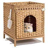 Garvee Cat Litter Box Enclosure Hidden Litter Box Furniture with Metal Heightened Feet, Rattan Handwoven Cat House with Litter Mat, Hidden Litter Box Furniture for Bedroom Living Room, Natural