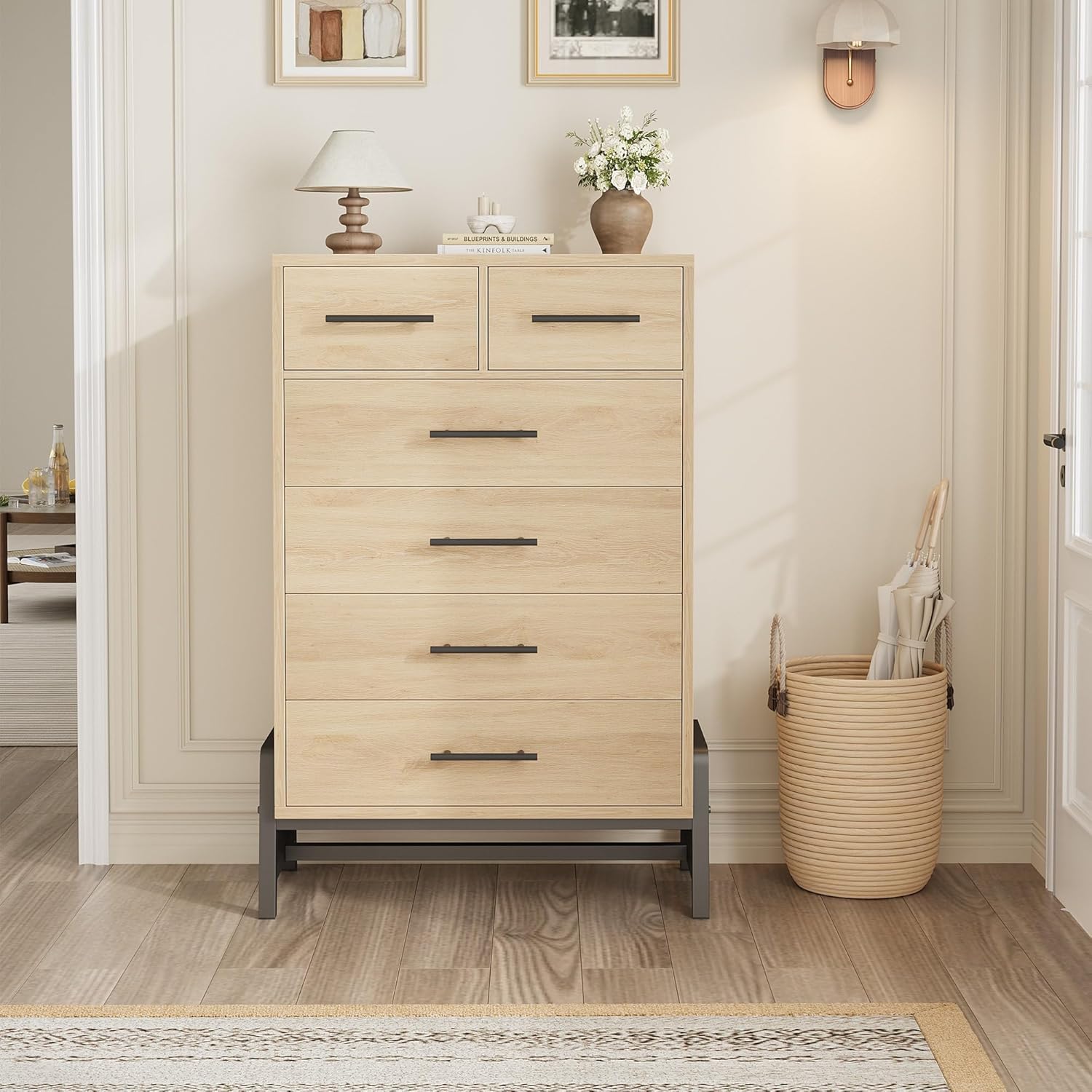 Garvee 4+2 Dresser for Bedroom, 46.6 in Tall Drawer with Large Storage Space, Metal Legs, Freestanding Wooden Closet Storage Dresser Chest for Living Room, Bedroom, Entryway, Natural Oak