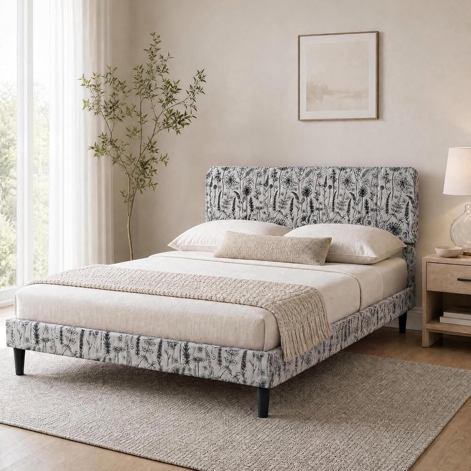Garvee Botanical Print Upholstered Platform Queen Szie Bed Frame with Adjustable Headboard - Wood Slat Support, Noise-Free, No Box Spring Needed, Easy Assembly