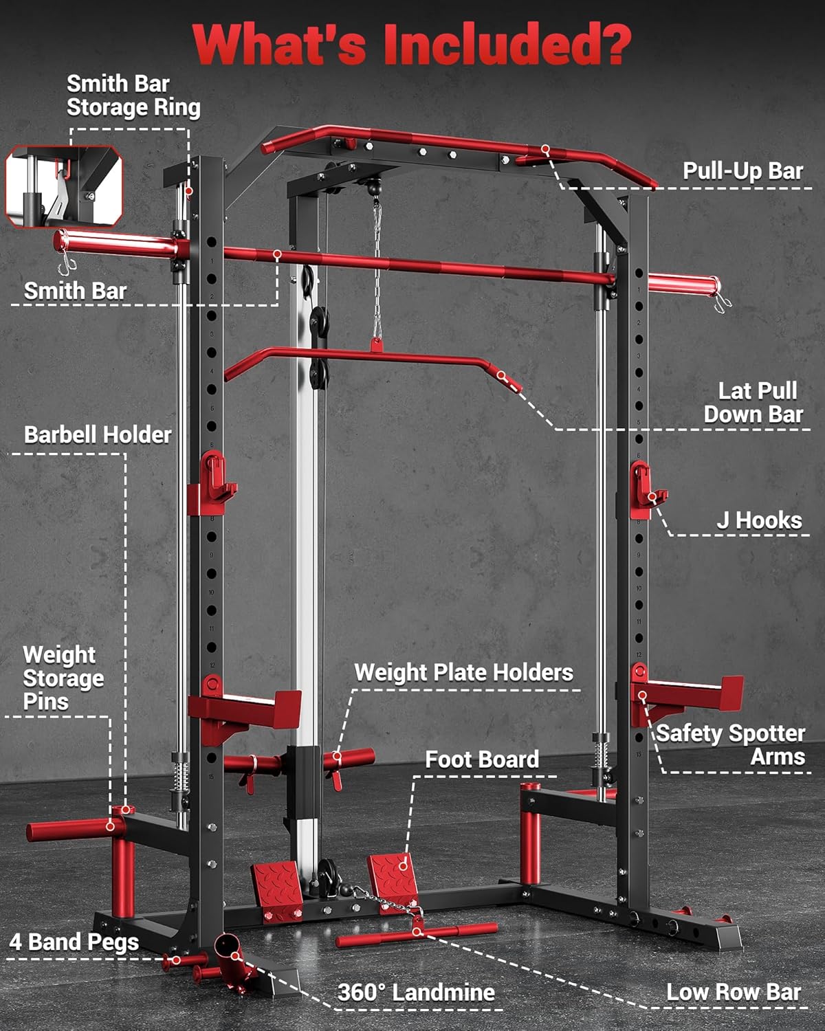 GARVEE Smith Machine Home Gym with Barbell Bar, Cable System, Lat Pulldown Attachments, Safety Spotter Arms, J Hooks, Landmine, Multi-Functional Squat Rack for Full Body Strength Training