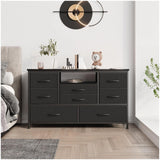 Garvee Wide Dresser with 8 Large Drawers for 55" Long TV Stand, Fabric Drawer for Bedroom with Power Outlet, Chests of Drawers for Bedroom, Living Room, Closet, Entryway, Living Room Storage - Black - Black