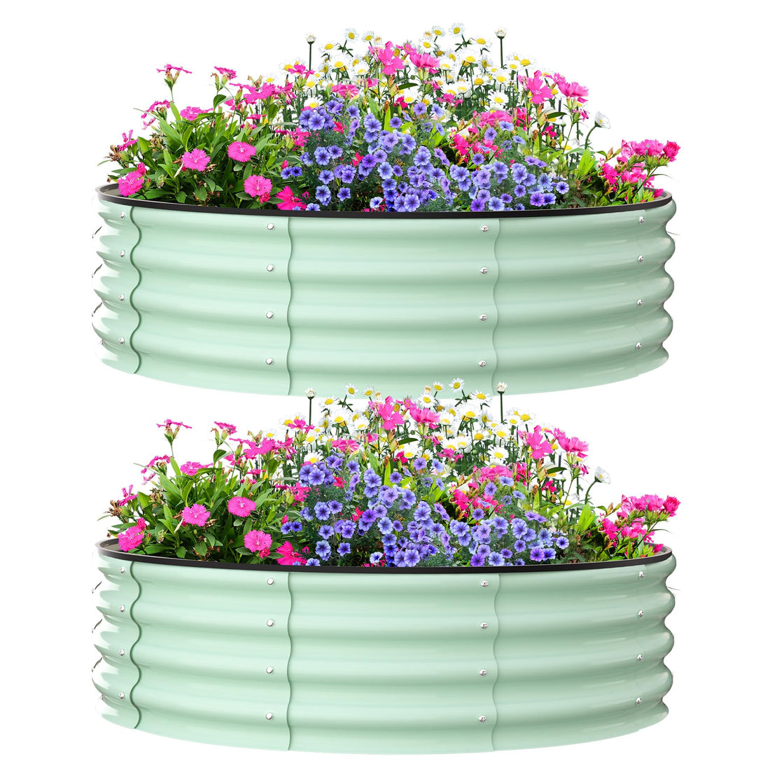 Green raised garden beds, 4ft diameter, durable steel, ideal for outdoor planting.
