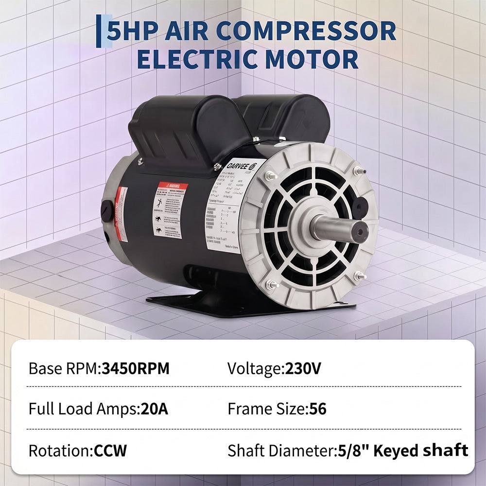 Garvee 5HP SPL Air Compressor Electric Motor - 230V, 56 Frame, 3450 RPM, 5/8" Keyed Shaft, 60 Hz, Ultra-Quiet, Dual CW/CCW Rotation