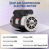 Garvee 5HP SPL Air Compressor Electric Motor - 230V, 56 Frame, 3450 RPM, 5/8" Keyed Shaft, 60 Hz, Ultra-Quiet, Dual CW/CCW Rotation