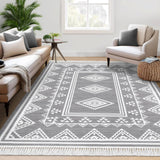 Garvee Boho Washable Area Rug, Non-Slip Moroccan Tribal Carpet with Tassels, Stain-Resistant Farmhouse Geometric Floor Cover, Grey - Gray