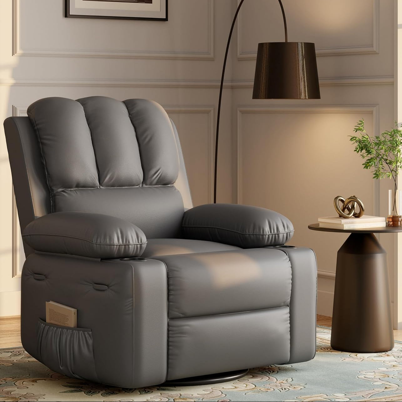 Garvee 22" Massage Recliner Chair for Adults, Lounge Recliner with Vibrating Massage, PU Leather Recliner with Cup Holders and Side Pockets, for Living Room, Bedroom, and Nursery, Grey