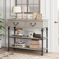 Garvee Console Table with Drawers, Narrow Entryway Table, MDF Wood & Metal, 3-Tier Storage, Adjustable Footpads, Rustic Gray, Living Room, Foyer