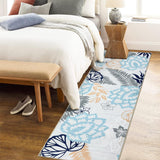 Garvee Modern Floral Runner Rug 2x8 - Washable, Non-Slip, High-Quality Polyester, Soft & Durable, Low Pile, Pet & Child Friendly, Blue/Light Grey - Ideal for Bedroom & Living Room - Blue