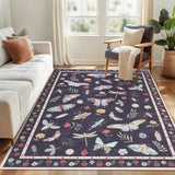 Garvee 9x12 Washable Rug Modern Floral Insect Butterfly Print Non-Slip Black - Black